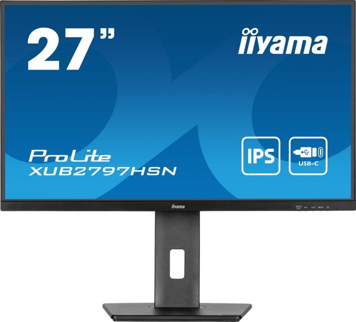27’’ Iiyama ProLite XUB2797HSN-B1 (IPS LED, 1920x1080, 250, 1000:1, 99% sRGB, 1ms, 100Hz) (HDMI 1.4, DP 1.2, 3xUSB 3.2 Gen1, USB-C 7.5W, USB-C 65W) pivot, głośniki (2x2W), czarny