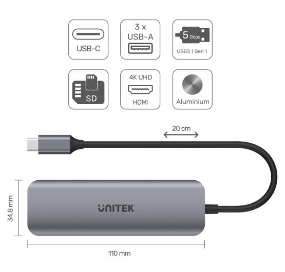 Unitek H1107F USB-C (3xUSB 3.1, HDMI, SD/microSD)
