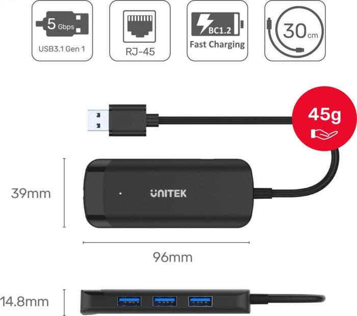 Unitek H1111A USB 3.0 Hub (3 x USB 3.0, Gigabit LAN RJ45)