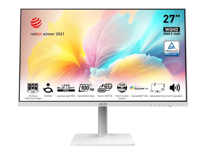 27’’ MSI Modern MD272QXPW (IPS LED, 2560x1440, 400, 5ms, 100Hz) (HDMI, DP 1.2, 2xUSB 2.0, USB-C, Audio)vesa, pivot, głośniki (2x2W), biały
