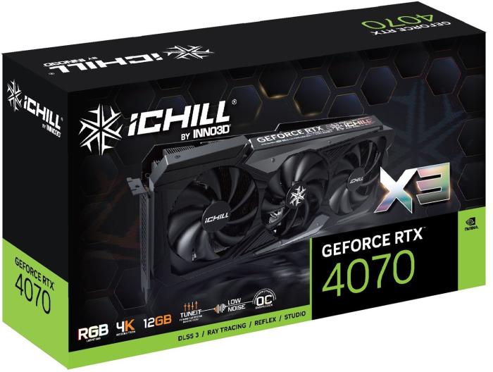 GeForce PCI-E RTX4070 INNO3D 12GB GDDR6X iChill X3 [C40703-126XX-186148H] (1xHDMI 2.1a, 3xDP 1.4a) (192-bit, PCI-E 4.0)