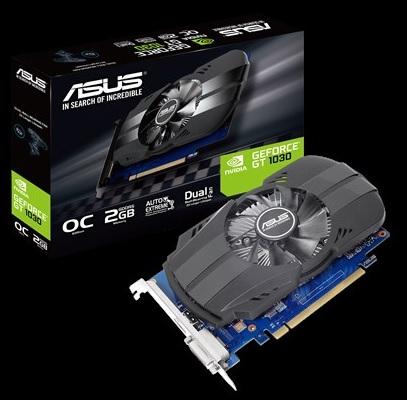 GeForce PCI-E GT1030 Asus 2GB GDDR5 BOX [PH-GT1030-O2G] (DVI, HDMI 2.0b) (rdzeń 1228/1506MHz, pamięć 6008MHz, 64-bit, PCI-E 3.0)