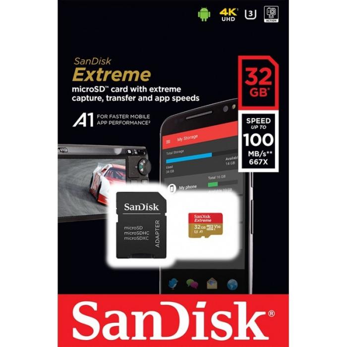 Secure Digital 32GB Sandisk Micro SDHC Extreme U3 V30 UHS-I A1 Mobile + adapter (100/60MB/s) [SDSQXAF-032G-GN6MA]
