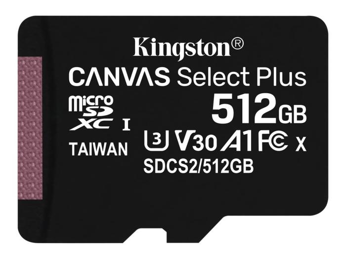 Secure Digital 512GB Kingston Micro SDXC CANVAS Select Plus 100R Class 10 A1 UHS-I (100/85MB/s) [SDCS2/512GBSP]