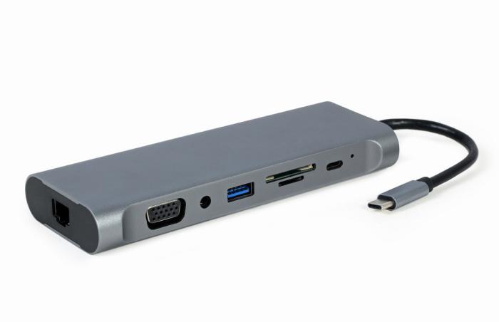 Gembird USB-C (1xUSB-C, 4xUSB 3.1, 1xVGA, 1xHDMI, 1xDP, 1xLAN, 1xCzytnik kart, 1xAudio) [A-CM-COMBO8-01]