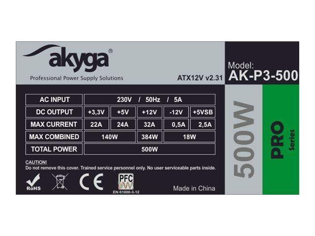 Akyga Pro (500W) (1x120mm) (CPU 1x4+4) (PCI-E 2x6+2) (3xMolex, 5xSATA) [AK-P3-500]
