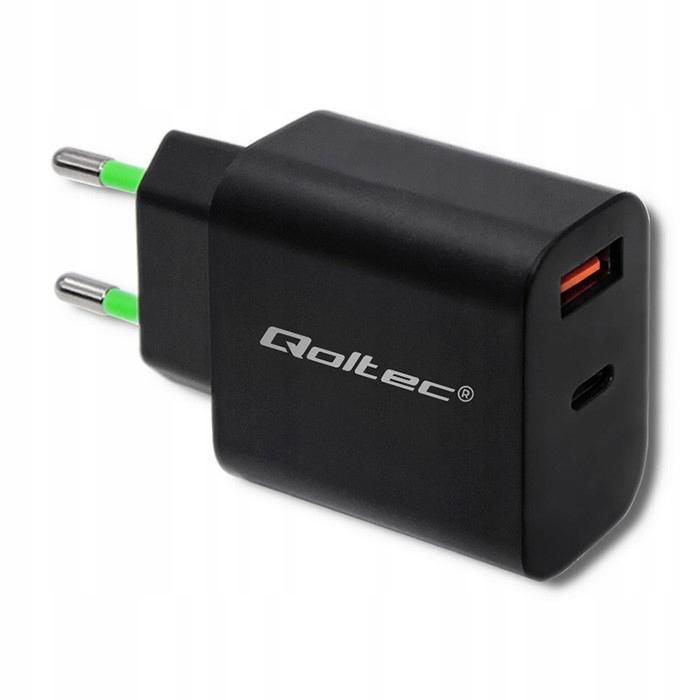 Qoltec Uniwersalna ładowarka sieciowa 230V (Quick Charge) / USB-C PD (5V/3A, 9V/2A, 12V/1.5A) USB-A QC 3.0 (5V/3A, 9V/2A, 12V/1.5A) (18W) [51713]