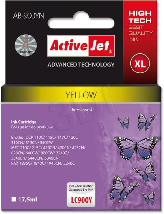 AB-900YN -  yellow, wkład z atramentem ActiveJet, 17,5 ml (zamiennik LC900Y) (DCP-110C, 115C, 117C, 120C, 310CN, 340CN, MFC-210C, 215C, 3240C, 3340C, 410CN, 425C, 5440CN, 5840C)