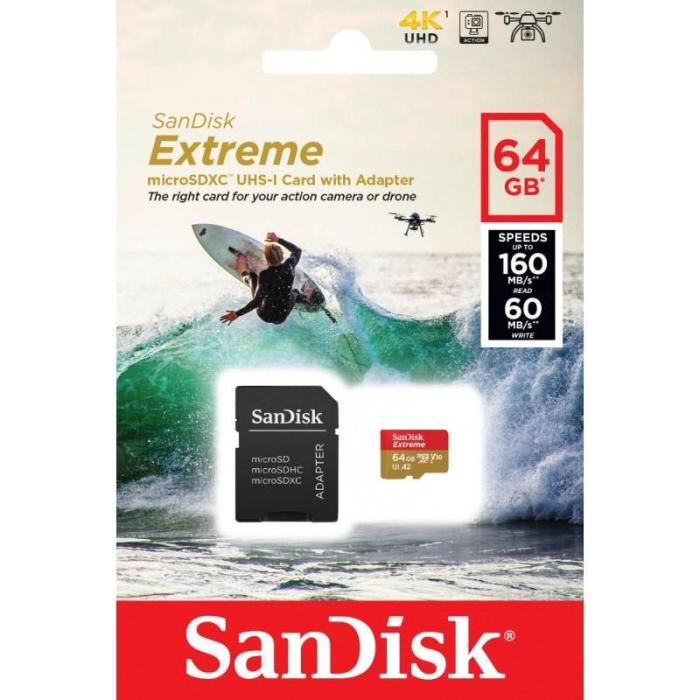 Secure Digital 64GB Sandisk Micro SDXC Extreme Action Cam UHS-I Class 10 A2 C10 V30 (160/60MB/s) [SDSQXA2-064G-GN6AA]