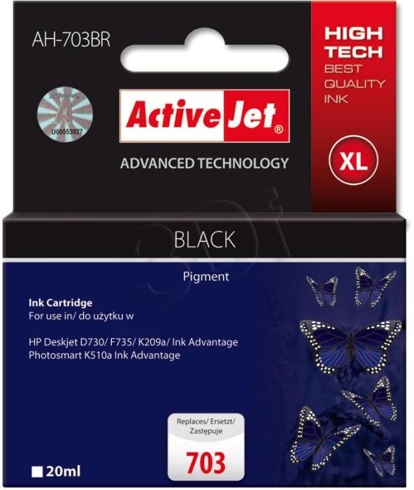 AH-703BR (703) (AH-C87) - czarny, wkład z atramentem ActiveJet, 20 ml, zamiennik CD887AE (HP Deskjet D730, F735, K109a, K209a, K209g, HP Ink Advantage, HP Photosmart K510a Ink Advantage)