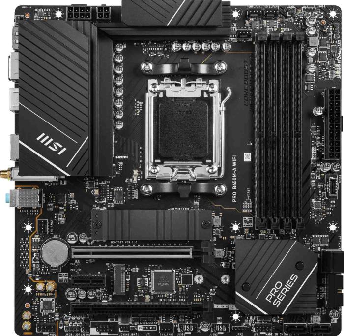 MSI PRO B650M-A WIFI (AMD B650) [AM5, 4xDDR5 do 7200MHz, (HDMI 2.1, DP 1.4) (2xM.2, 1xPCIE 4.0 x16, 1xPCIe 4.0 x16 (x4), 1xPCIe 3.0 x1), WIFI 6E, BT 5.3, micro ATX]