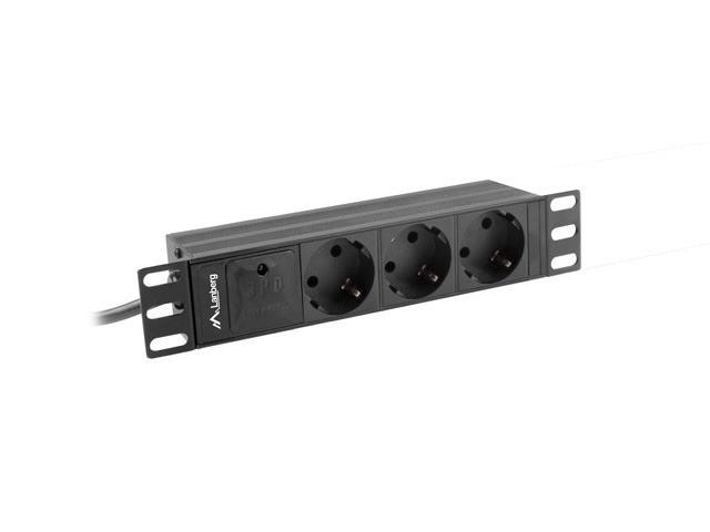 Lanber Rack 1U PDU Schuko (2.0m) czarny (3 gniazda) [PDU-03F-0200-BK]