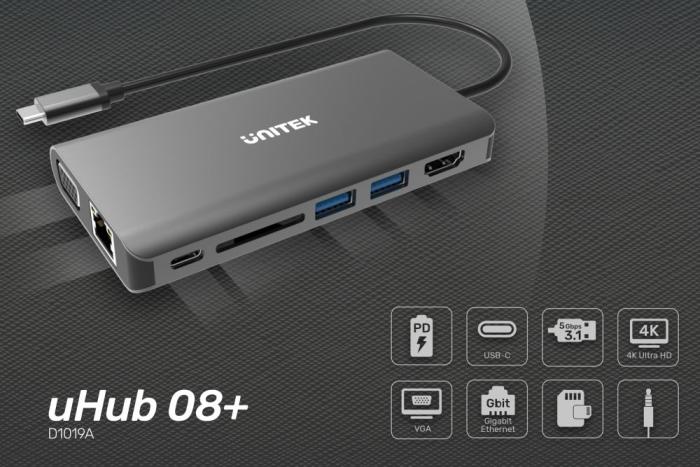 Unitek D1019A USB-C 3.1 (2xUSB 3.0, HDMI 1.4, VGA, USB-C PD, czytnik SD, jack)