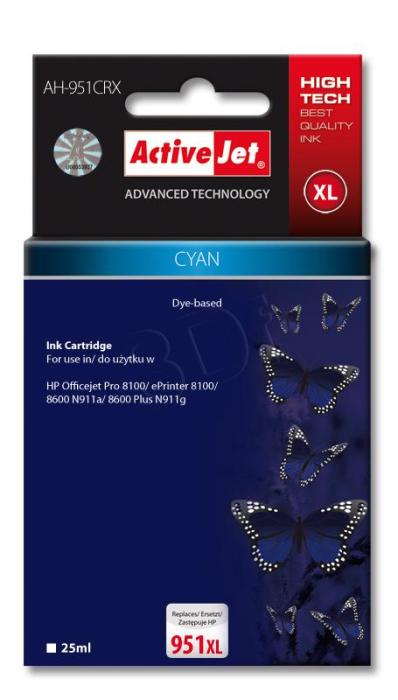 AH-951CRX (951XL) - cyan, wkład z atramentem ActiveJet, 25 ml, zamiennik CN046AE (Premium) (HP Officejet Pro 8100, ePrinter 8100, 8600 N911a, 8600 Plus N911g, 251DW, 276DW, 8610, 8620)