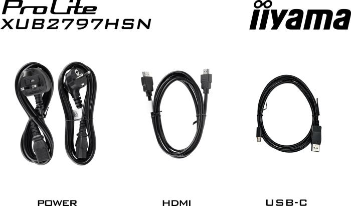 27’’ Iiyama ProLite XUB2797HSN-B1 (IPS LED, 1920x1080, 250, 1000:1, 99% sRGB, 1ms, 100Hz) (HDMI 1.4, DP 1.2, 3xUSB 3.2 Gen1, USB-C 7.5W, USB-C 65W) pivot, głośniki (2x2W), czarny