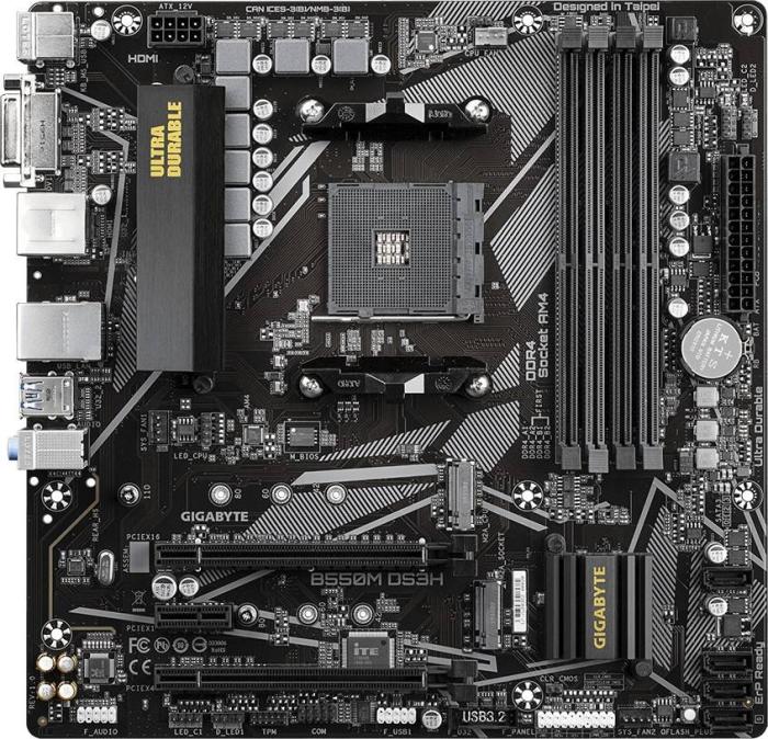 Gigabyte B550M DS3H AC (AMD B550) [AM4, 4xDDR4 do 4733MHz, (DVI, HDMI 2.1), (2xM.2, 1xPCIe 4.0 x16, 1xPCIe 3.0 x16 (x4), 1xPCIe 3.0 x1), WiFi 5, BT 4.2, micro ATX]