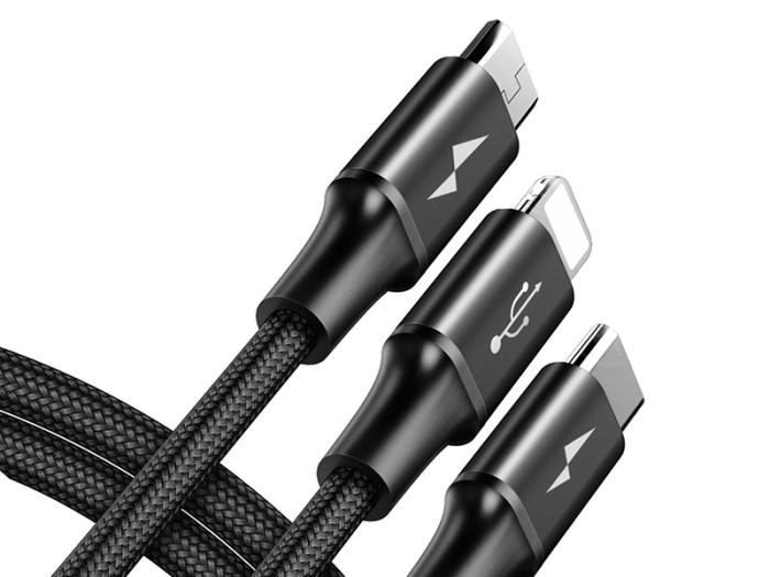 Baseus 3w1 kabel ładowania i transmisji (3A) USB micro, Lightning, USB-C (M) / USB (M) (1.2 m) (czarny) [CAMLT-SU01]