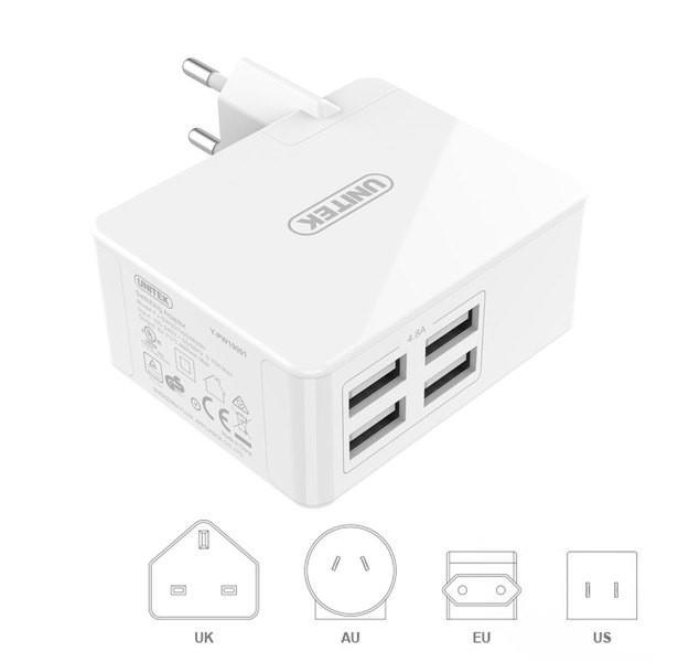 Unitek Ładowarka sieciowa 4xUSB (EU/US/UK/AU) 2.4A/24W [Y-PW10001]