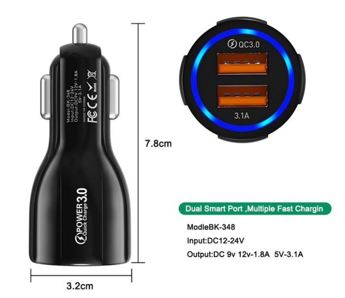 Tkey Ładowarka samochodowa QuickCharge 3.0 (QC 3.0) LED (12-32V) (12 1.8A, 9V 2A, 5V 6A) 18W 2xUSB [LZ-681]