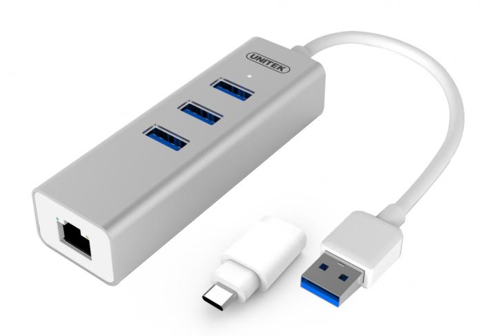Unitek Y-3083B Hub 3 x USB 3.0 + USB Typ-C + Gigabit RJ45