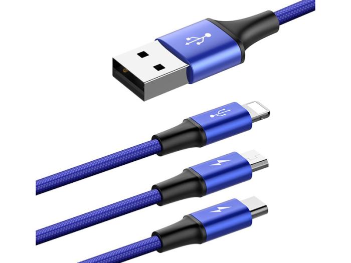 Baseus 3w1 kabel ładowania i transmisji (3A) USB micro, Lightning, USB-C (M) / USB (M) (1.2 m) (niebieski) [CAMLT-SU13]