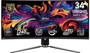 (34) MSI MPG 341CQPX QD-OLED (QD-OLED zakrzywiony 1800R, 3440x1440, 1000, 0.03ms, 139%sRGB, 240Hz) (2xHDMI 2.1, 1xDP 1.4a, USB-C z DP 1.4a 98W) czarny