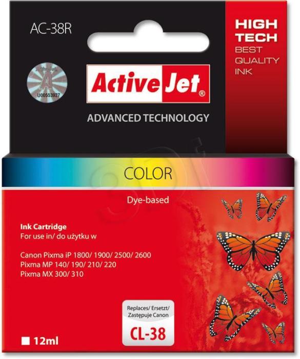 AC-38R - kolor, wkład z atramentem ActiveJet, 12 ml, zamiennik CL-38 (Supreme) (Canon Pixma iP1800, iP1900, iP2500, iP2600, MP140, MP190, MP210, MP220, MX300, MX310)