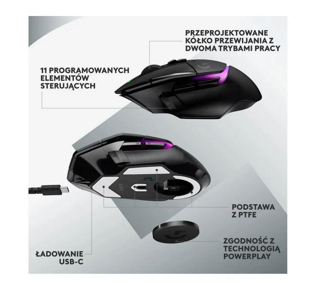 Logitech G502 X Plus Czarna 25600dpi 40G RGB (optyczno-radiowa, 1, 13, wbudowany akumulator) [910-006162]
