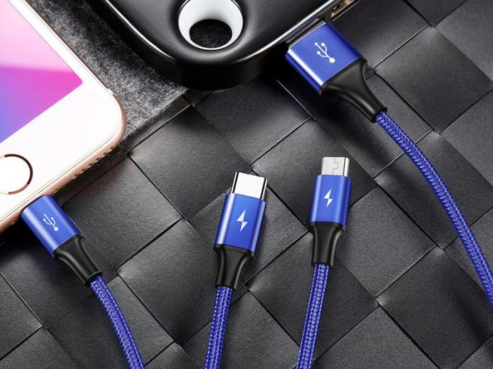 Baseus 3w1 kabel ładowania i transmisji (3A) USB micro, Lightning, USB-C (M) / USB (M) (1.2 m) (niebieski) [CAMLT-SU13]