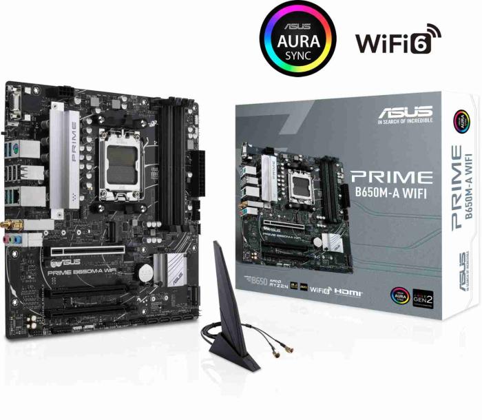 Asus PRIME B650M-A WIFI (AMD B650) [AM5, 4xDDR5 do 5600MHz, (VGA, HDMI 2.1, DP 1.4) (2xM.2, 1xPCIe 4.0 x16, 2xPCIe 4.0 x16 (x1)), WiFi 6, BT 5.2, micro ATX]