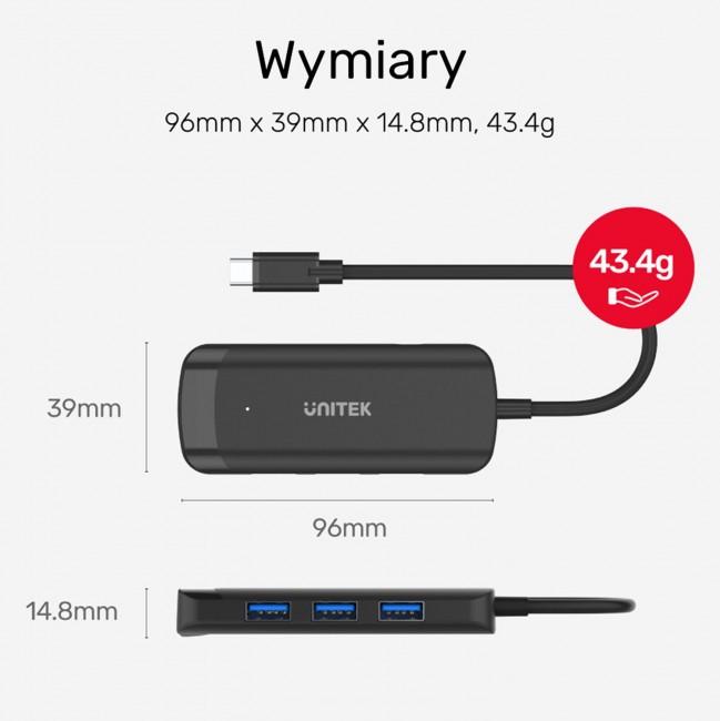 Unitek H1110A USB-C Hub aktywny BC1.2 (3xUSB 3.0, GigabitEthernet LAN RJ45 WoL) (20 cm)