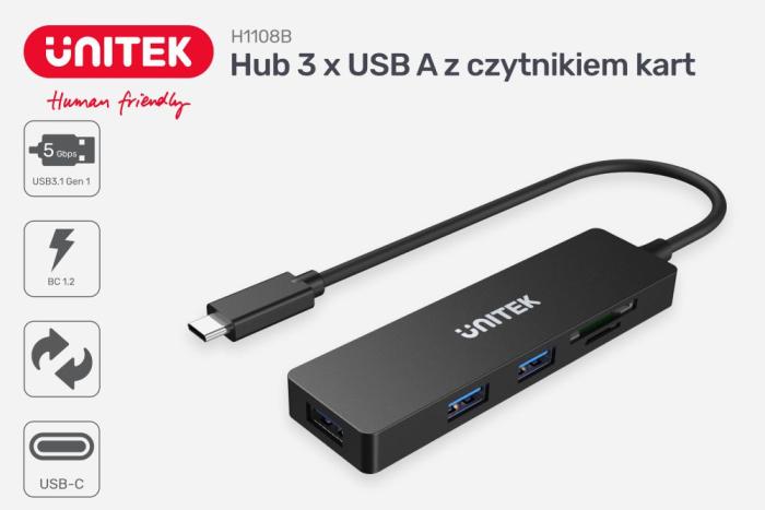 Unitek H1108B USB-C Hub (3 x USB 3.1 Gen 1, SD/microSD)
