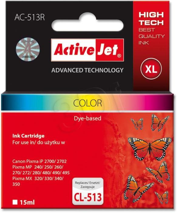 AC-513R - kolor, wkład z atramentem ActiveJet, 15 ml, zamiennik CL-513 (Canon Pixma MP230, MP240, MP250, MP252, MP260, MP270, MP272, MP280, MP282, MP480, MP490, MP492, MP495, MP499, MX320, MX330)