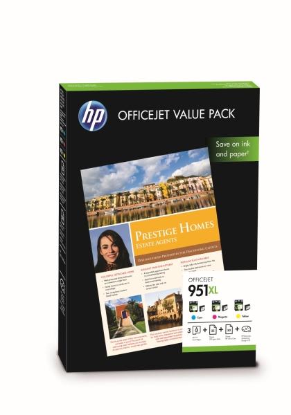 CR712AE (951XL) - CMY, 3-pack + papier HP Professional Inkjet, matowy, 25 arkuszy (A4) i papier HP All-In-One Printing, 50 arkuszy (A4), 3 x 1500 stron (HP Officejet Pro 251dw, 276dw, 276dw)