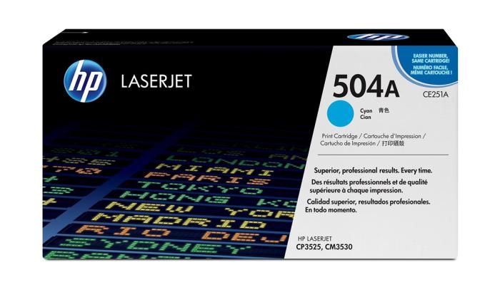 CE251A (504A) - cyan, oryginalny toner drukujący HP, 7000 stron (HP Color LaserJet CP3525, CP3525dn, CP3525n, CP3525x, CM3530, CM3530fs)