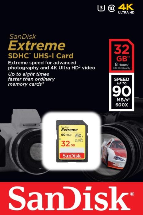 Secure Digital 32GB Sandisk SDHC Extreme Class 10 UHS-I U3 (90MB/s) [SDSDXVE-032G-GNCIN]