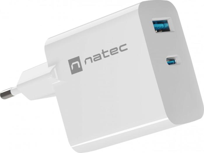 Ładowarka sieciowa Natec Ribera GaN 65W Quick Charge 3.0 1xUSB-C/1xUSB-A (5V-20V/3.25A/65W) (do laptopów z Power Delivery) (biały) [NUC-2144]