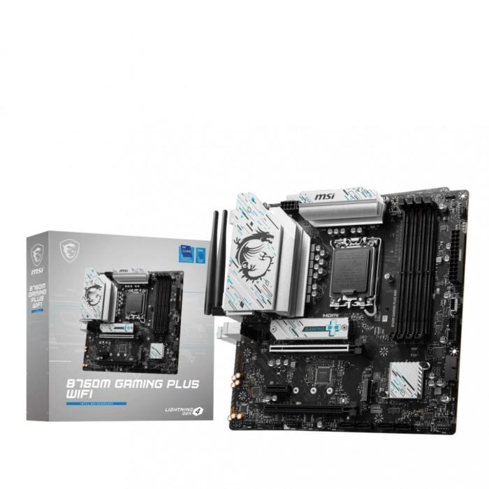 MSI B760M GAMING PLUS WIFI (Intel B760) [S1700, 4xDDR5 do 6800MHz, (2xHDMI 2.1, 2xDP 1.4) (2xM.2, 1xPCIe 4.0 x16, 1xPCIe 4.0 x16 (x4), 1xPCIe 3.0 x1), WiFi 6E, BT 5.3, micro ATX]