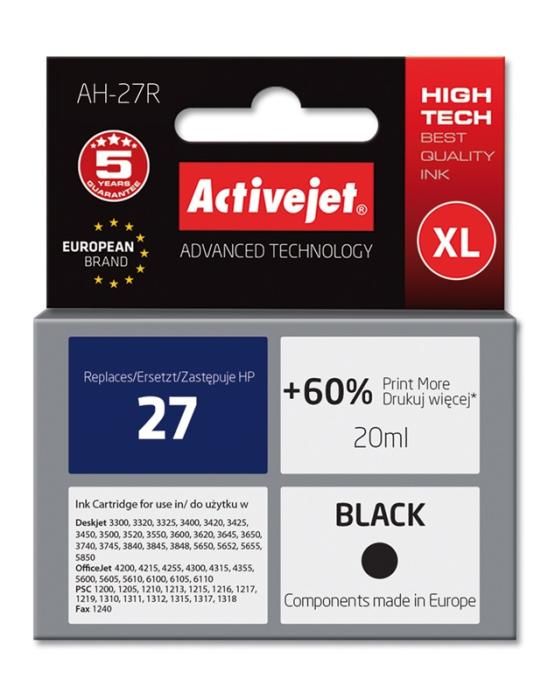 AH-27R (AH-727) (27) - czarny, wkład z atramentem ActiveJet, 20ml, zamiennik C8727A (HP Deskjet 3300, 3400, 3500, 3600, 3740, 3840, 5650, FAX 1240, Officejet 4200, 4300, 4315xi, 5610v, PSC 1200, 1310)