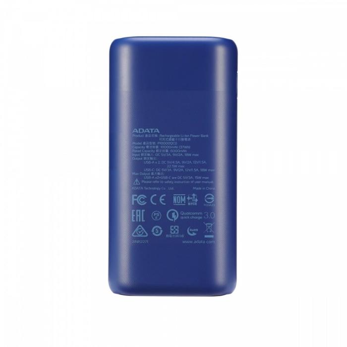 Power Bank A-Data P10000QCD 10000mAh 2xUSB 3.0, USB-C QC, PD (niebieski) [AP10000QCD-DGT-CDB]