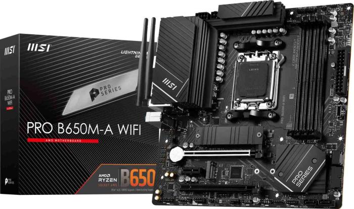 MSI PRO B650M-A WIFI (AMD B650) [AM5, 4xDDR5 do 7200MHz, (HDMI 2.1, DP 1.4) (2xM.2, 1xPCIE 4.0 x16, 1xPCIe 4.0 x16 (x4), 1xPCIe 3.0 x1), WIFI 6E, BT 5.3, micro ATX]