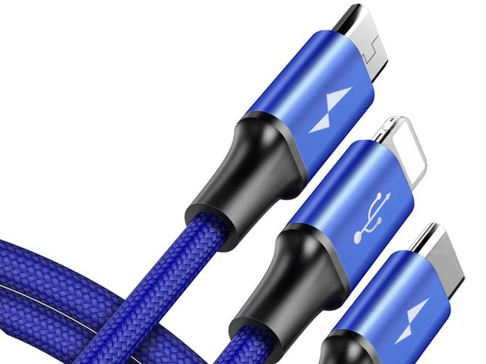 Baseus 3w1 kabel ładowania i transmisji (3A) USB micro, Lightning, USB-C (M) / USB (M) (1.2 m) (niebieski) [CAMLT-SU13]