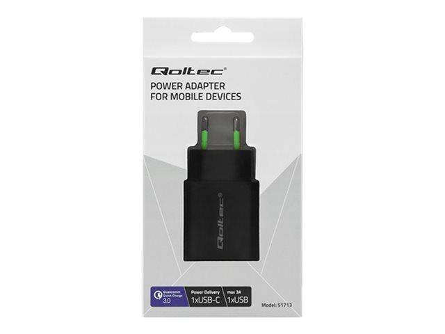 Qoltec Uniwersalna ładowarka sieciowa 230V (Quick Charge) / USB-C PD (5V/3A, 9V/2A, 12V/1.5A) USB-A QC 3.0 (5V/3A, 9V/2A, 12V/1.5A) (18W) [51713]