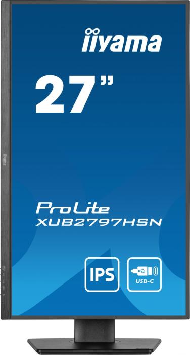27’’ Iiyama ProLite XUB2797HSN-B1 (IPS LED, 1920x1080, 250, 1000:1, 99% sRGB, 1ms, 100Hz) (HDMI 1.4, DP 1.2, 3xUSB 3.2 Gen1, USB-C 7.5W, USB-C 65W) pivot, głośniki (2x2W), czarny