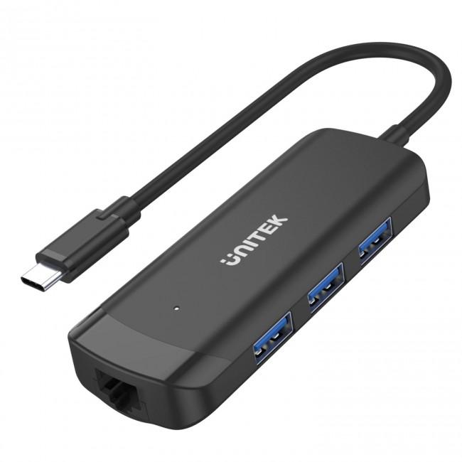 Unitek H1110A USB-C Hub aktywny BC1.2 (3xUSB 3.0, GigabitEthernet LAN RJ45 WoL) (20 cm)