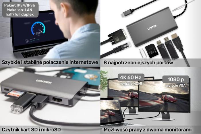 Unitek D1019A USB-C 3.1 (2xUSB 3.0, HDMI 1.4, VGA, USB-C PD, czytnik SD, jack)