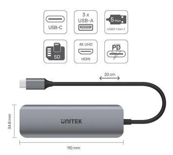 Unitek H1107D USB-C (2xUSB 3.1, PD 100W, HDMI, SD/microSD)
