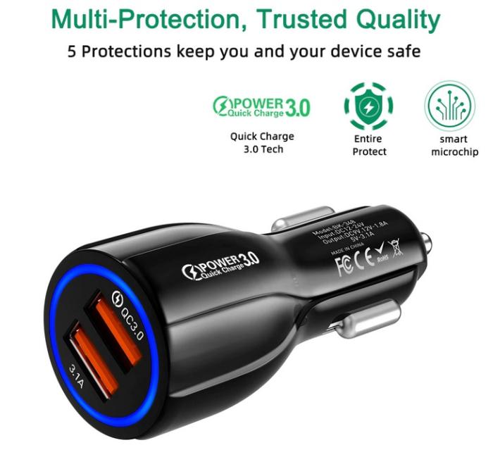 Tkey Ładowarka samochodowa QuickCharge 3.0 (QC 3.0) LED (12-32V) (12 1.8A, 9V 2A, 5V 6A) 18W 2xUSB [LZ-681]