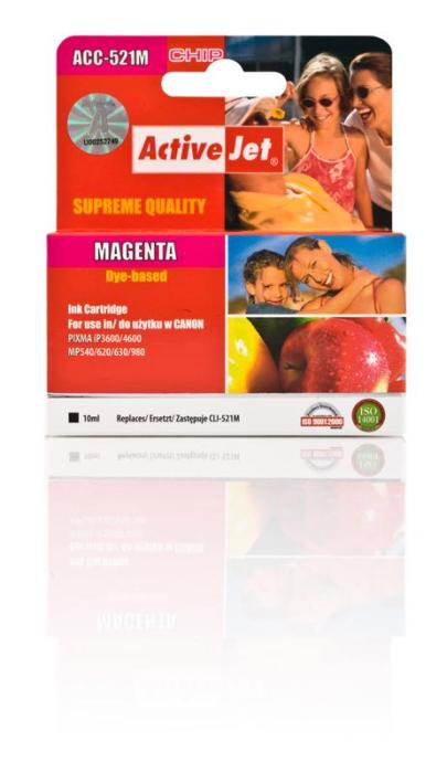 ACC-521MN bez Chipa - magenta, wkład z atramentem ActiveJet, 10ml (zamiennik PGI-521M) (Canon Pixma IP: 3600, 3680, 4600, 4680 MX: 860, 868 MP: 540, 545, 550, 560, 620, 628, 630, 638, 640, 980, 988)
