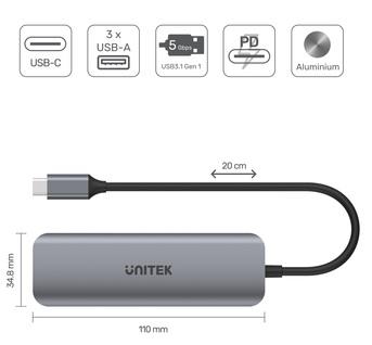 Unitek H1107C USB-C Hub (3xUSB 3.1, PD 100W, SD/microSD)